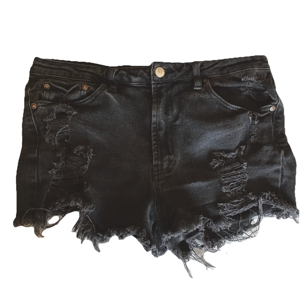 Almost Famous Cut Off Shorts Womens Black Sz 11 Denim Distressed Raw Hem Stretch